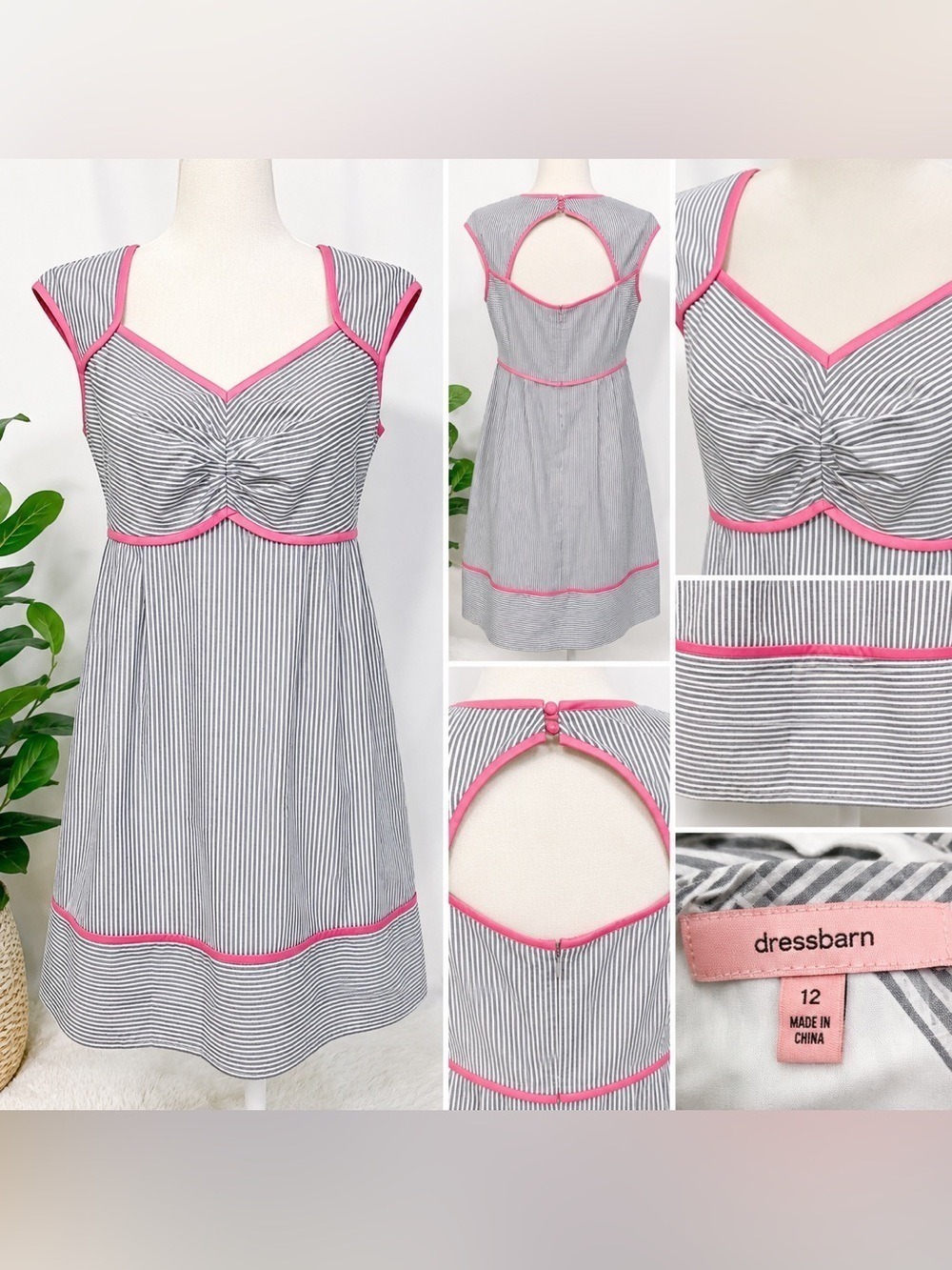 Dress Barn Gray White Striped Dress Pink Trim Cutout Back Empire Waist